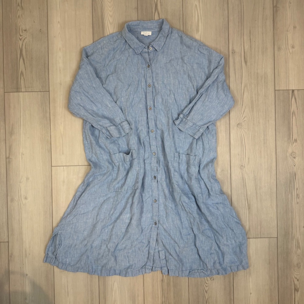 Pure Jill J Jill Linen Shirt Dress XL Blue Button Front Long Sleeve Midi Pockets